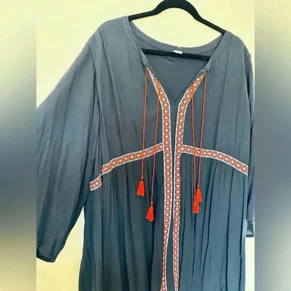 Flowy Sleeve Navy Mini Dress with Orange and White Ribbon Detail - Picture 2 of 5